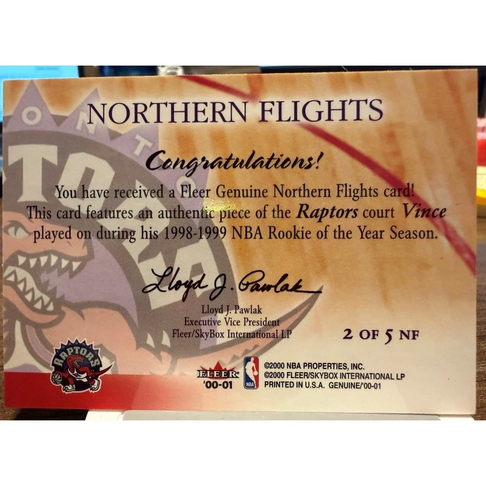 2000-01 Fleer Genuine Vince Carter Northern Flights #2 of 5 NF Raptors Mem